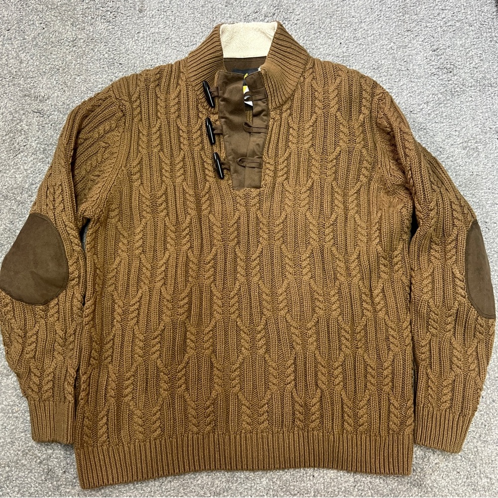 Cabelas Sweater Mens XL Brown Henley Cable Knit Fisherman Suede Elbow Patch NEW